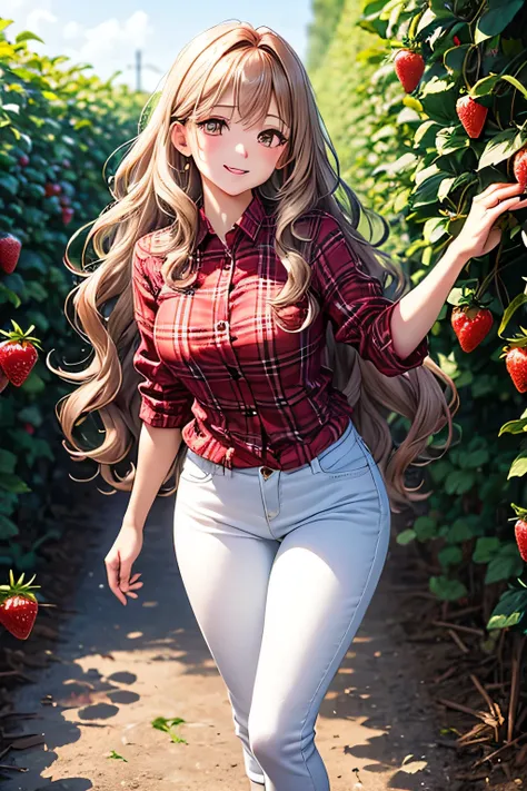 A graceful young lady,(((long wavy chestnut-colour hair))) and a calm, traditional aura,"A vibrant Japanese girl with wavy light brown hair, standing in a lush strawberry farm. She wears a red checkered shirt, white denim pants, and sneakers. She breathes ...