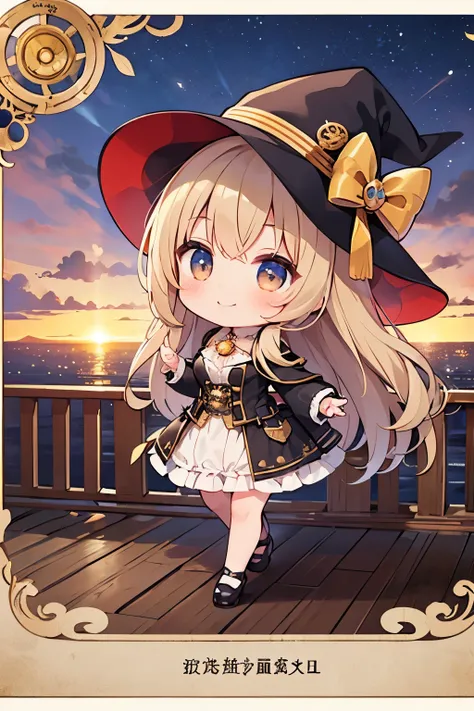 ( top quality:1.2)。steampunk。 one girl。 chibi。 Little cute witch 。 Light brown fluffy long hair 。Strolling 。 Happy Smile 。 The background is a steampunk passenger airship、 Promenade deck where the sunset shines 。