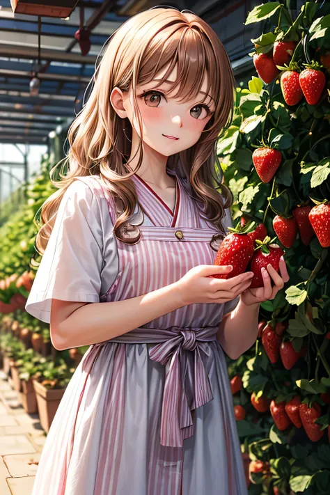 A graceful young lady,(((long wavy chestnut-colour hair))) and a calm, traditional aura,"A cute Japanese girl with wavy light brown hair, carefully picking a bright red strawberry. She wears a white overall dress over a pink striped T-shirt, her hands deli...