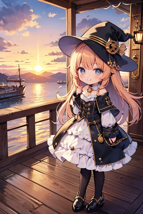 ( top quality:1.2)。steampunk。一人of女of子。 chibi。 Little cute witch 。明るい茶色ofふわふわofロングヘア。Strolling 。 Happy Smile 。 background is steampunk(passenger airship )of、 sunset ( promenade deck )。