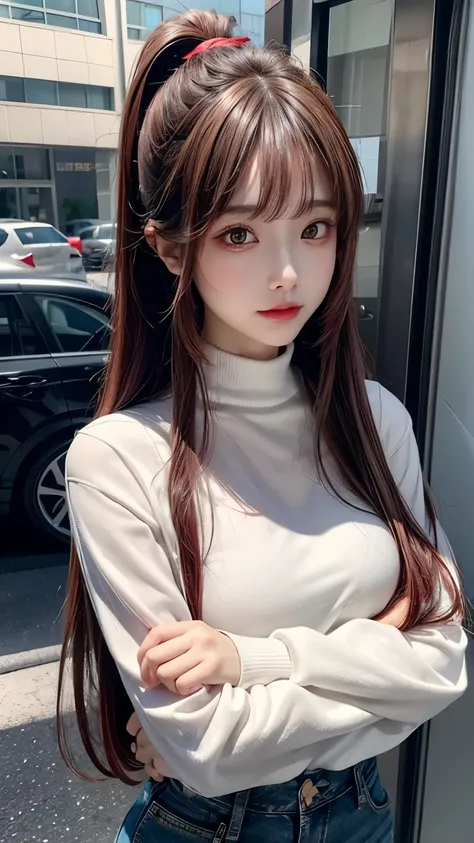 beauty asian young woman ,standing posed with crossed arms at bus stop, BREAK, ((red highlights brown long straight hair, high ponytail, (hime-cut bangs), Side parted long bangs:1.2)), BREAK, (gray long sleeves square neck shirt, untucked shirt, long shirt...