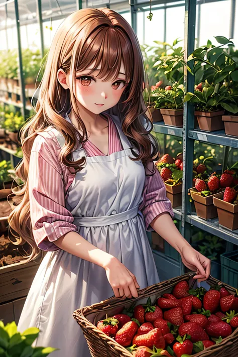 A graceful young lady,(((long wavy chestnut-colour hair))) and a calm, traditional aura,"A cute Japanese girl with wavy light brown hair, carefully picking a bright red strawberry. She wears a white overall dress over a pink striped T-shirt, her hands deli...