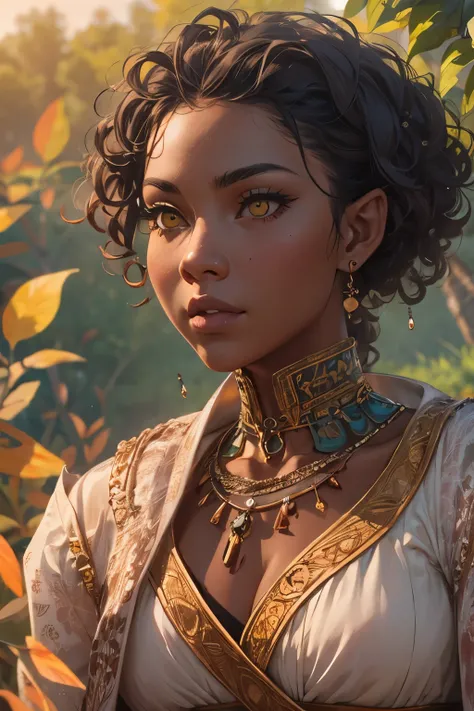 a beautiful elf black girl with curly hair, yellow eyes, detailed facial features, peasant, detailed countryside background, ultra-detailed, 8k, photorealistic, masterpiece, dramatic lighting, warm color palette, natural sunlight