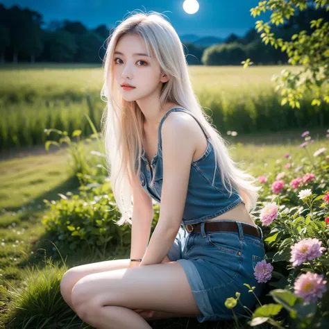 ( masterpiece,   high quality ), A girl with long white hair sits in a field of greenery and flowers, Warm Moonlight ,  vague outlook, Change, River bank,  shorts,  strange eyes 