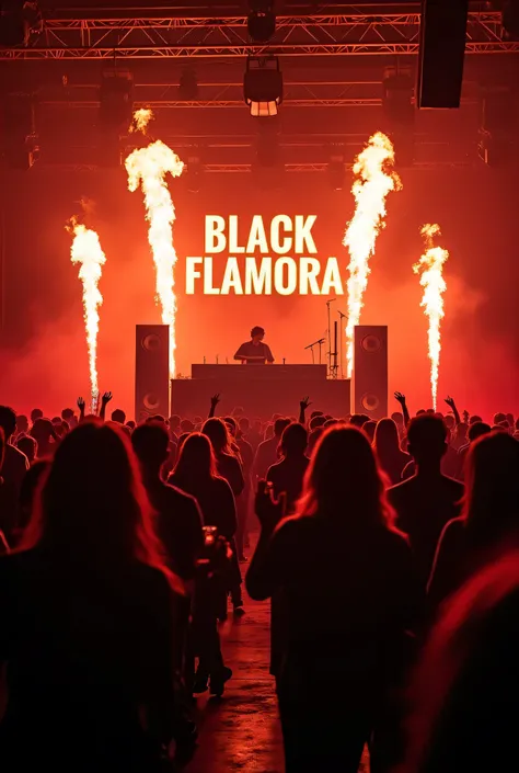 A high-energy get-together party scene with a vibrant DJ setup, flashing neon lights, and a crowd dancing to the beats. The theme is 'Black and Flames,' featuring dark, stylish outfits with fiery red and orange lighting effects. A grand stage with a DJ in ...