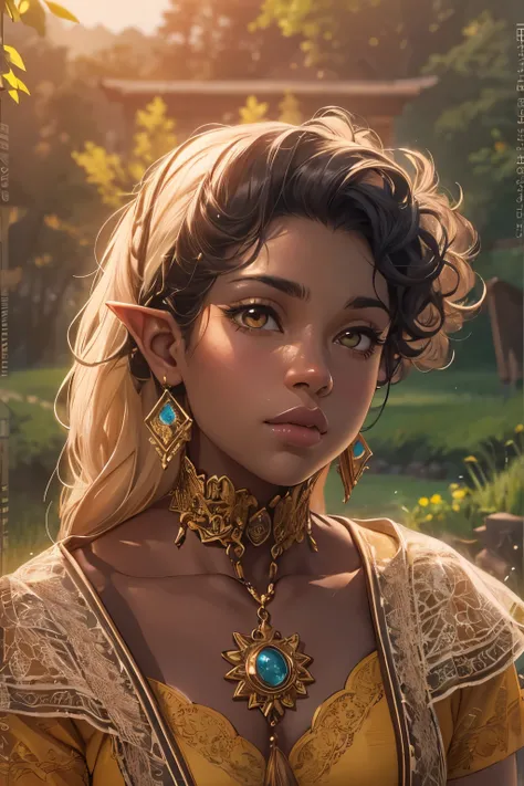 a beautiful elf black girl with curly hair, yellow eyes, detailed facial features, peasant, detailed countryside background, ultra-detailed, 8k, photorealistic, masterpiece, dramatic lighting, warm color palette, natural sunlight