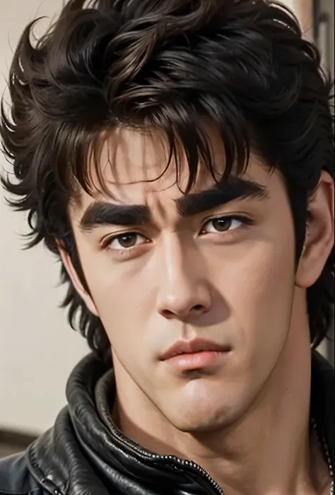 From front,,  Kenshiro's Hairstyle , Short messy hair, Brown Hair,   thick eyebrows, 、 from directly above