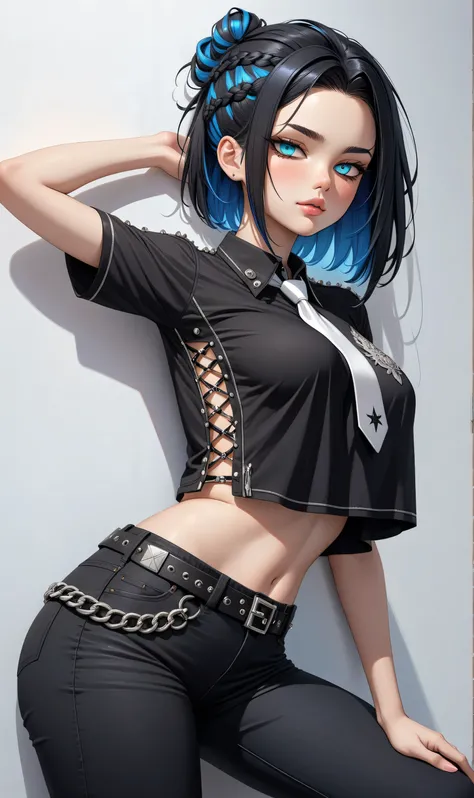 ((Random porn pose)), (Cute girl), ((Ultra detailing)), (very aesthetic, best quality, ultra detailed), intricate details, 1girl, Black hair, short hair, punk hair, (Random hairstyle), Blue inner hair  ,,((Detailed eyes)), ((Beautiful eyes)), ((prefect eye...