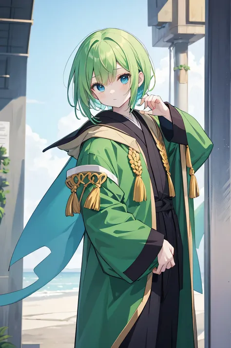 Anime man with pale yellow-green hair and blue eyes,  hairstyle is the center part、 no background, is wearing a ragged green robe、 standing picture