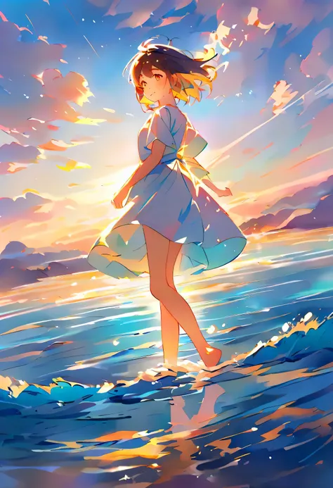 's greatest masterpiece, Top Quality, Transparent watercolor, full body esbian 、 angle from below、 A beautiful girl walking on the sea、 white t-shirt、 denim、 Akane sky reflected on the surface of the sea 、 Mirror-like water surface 、Reflective wat...