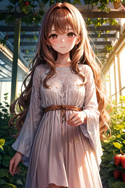 A graceful young lady,(((long wavy chestnut-colour hair))) and a calm, traditional aura,"A charming Japanese girl with wavy light brown hair, gazing softly at the viewer with slightly flushed cheeks. She wears a light pink chiffon dress, standing in a stra...