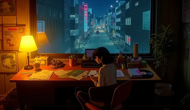 A lo-fi hip hop music-inspired scene in a 90s anime aesthetic, set in a cozy, dimly lit room with warm lighting. The room features a large window showing a rainy cityscape at night, with neon signs reflecting on wet streets. A wooden desk is cluttered with...