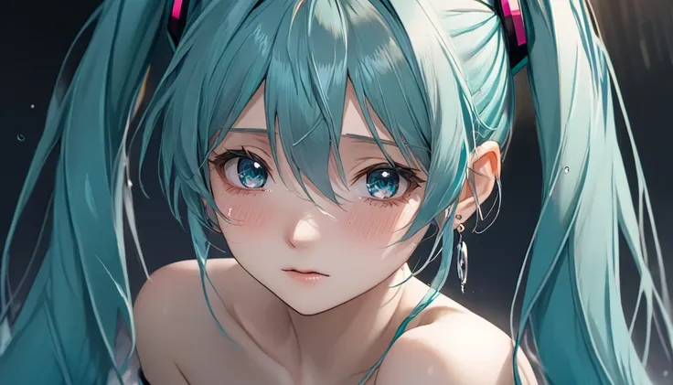 ((( Hatsune Miku)))、(masterpiece, Highest quality:1.2), One Girl, alone,Bony body、、Earrings、、((( No Earrings )))、 shedding tears and crying、Sad expression、