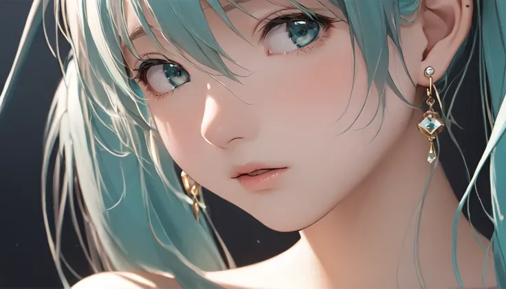 ((( Hatsune Miku)))、(masterpiece, Highest quality:1.2), One Girl, alone,Bony body、、Earrings、、((( No Earrings )))、Sad expression、 No Earrings 、 completely naked、 full nude、 close-up、