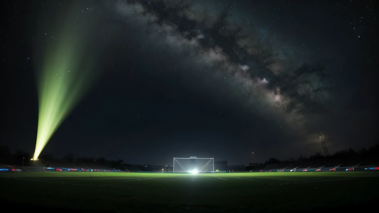 photo of the universe where football is the main author, green and white lights everywhere amidst the darkness of the universe