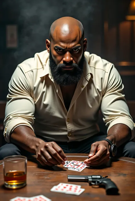 Bearded and bald black man playing cards and smoking cigars with whiskey and a revolver on the table