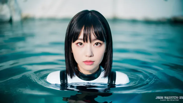 ((best quality, 8k, masterpiece:1.3)),sharp focus:1.2, 1girl , Beautiful lady with Perfect Figure, Vivid, white modern wetsuit,black hair,studio background,((detailed face)),under water,