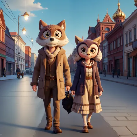 a humanized wolf and owl in the russian empire city, on the street, artwork in the style of guweiz, inspired by Andrei Ryabushkin, andrei riabovitchevy, andrei ryabovichev, by Andrei Ryabushkin, inspired by andrey ryabovichev, gothic