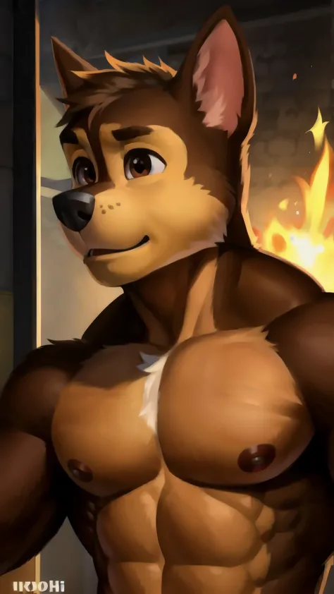  detailed fluffy fur texture,  impasto-impressionism , (authors foxovh, Ross Tran, Mikhail Garmash , Pinot Daeni, A SPARK),  detailed eyes ,  highly detailed pupils , Single, fluffy, antro, Chase-PP , domestic dog, pectoralis major muscle, male dog,  brown...