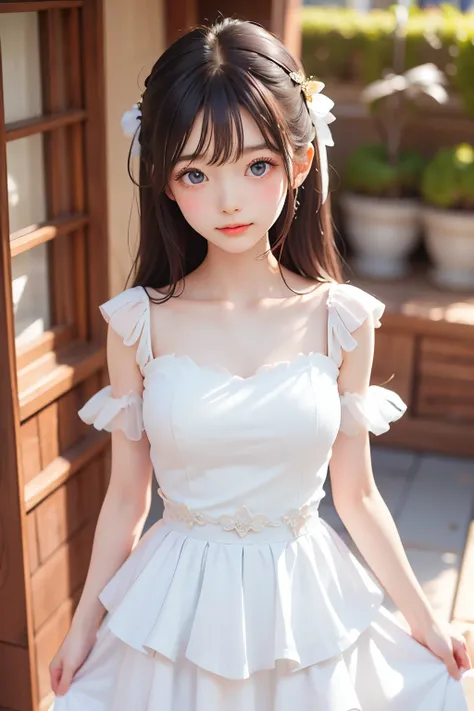 best quality, Masterpiece, Very Cute and Gentle Girl , ( lori), ( White Detailed Princess Dress with Lots of Frills), (Beautiful and delicate face), beautiful long hair, Delicate dress, white dress, The skirt is layered , Young Japanese Girl ,