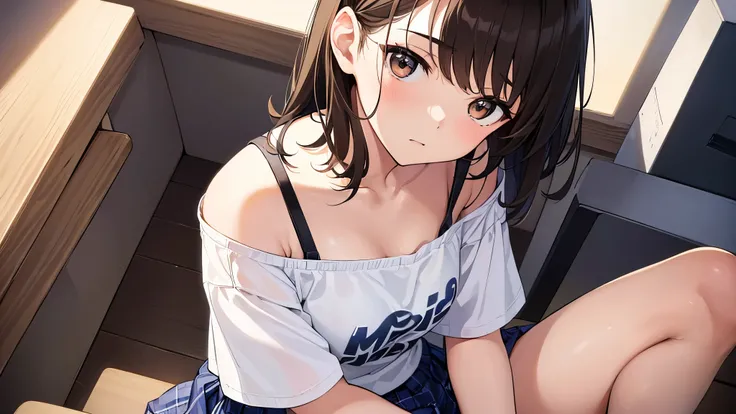 (((Top Quality))), (((Masterpiece))), (((Detail))), One girl, sitting on chair, cute, (tired face after sex:0.8), dark brown eyes, medium breast, short dark brown hair, t-shirt disheveled revealing bra strap, blue checked mini skirt falling off revealing p...