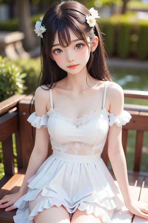 best quality, Masterpiece, Very Cute and Gentle Girl , ( lori), ( White Detailed Princess Dress with Lots of Frills), (Beautiful and delicate face), beautiful long hair, Delicate dress, white dress, The skirt is layered , Young Japanese Girl ,