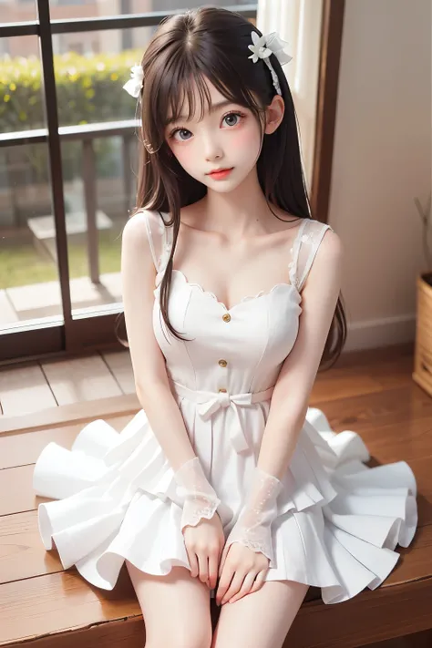 best quality, Masterpiece, Very Cute and Gentle Girl , ( lori), ( White Detailed Princess Dress with Lots of Frills), (Beautiful and delicate face), beautiful long hair, Delicate dress, white dress, The skirt is layered , Young Japanese Girl ,