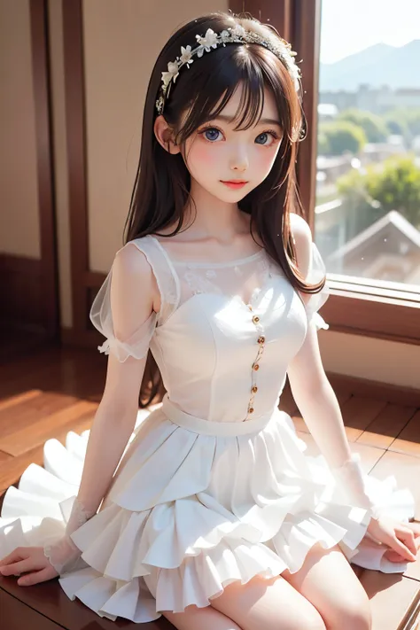 best quality, Masterpiece, Very Cute and Gentle Girl , ( lori), ( White Detailed Princess Dress with Lots of Frills), (Beautiful and delicate face), beautiful long hair, Delicate dress, white dress, The skirt is layered , Young Japanese Girl ,