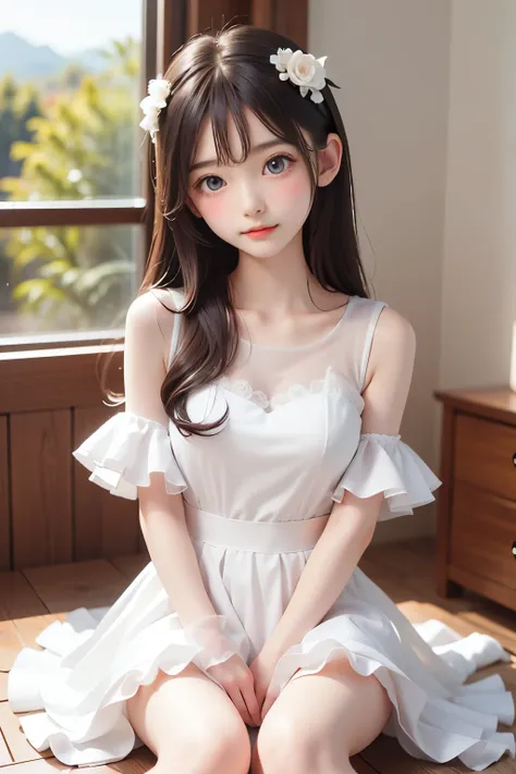 best quality, Masterpiece, Very Cute and Gentle Girl , ( lori), ( White Detailed Princess Dress with Lots of Frills), (Beautiful and delicate face), beautiful long hair, Delicate dress, white dress, The skirt is layered , Young Japanese Girl ,