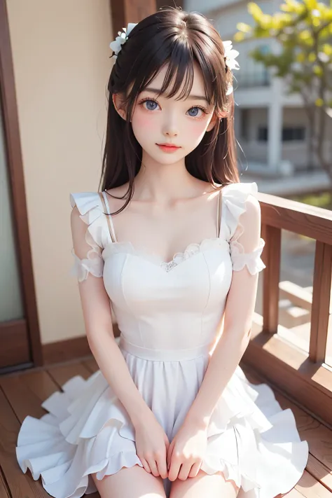 best quality, Masterpiece, Very Cute and Gentle Girl , ( lori), ( White Detailed Princess Dress with Lots of Frills), (Beautiful and delicate face), beautiful long hair, Delicate dress, white dress, The skirt is layered , Young Japanese Girl ,