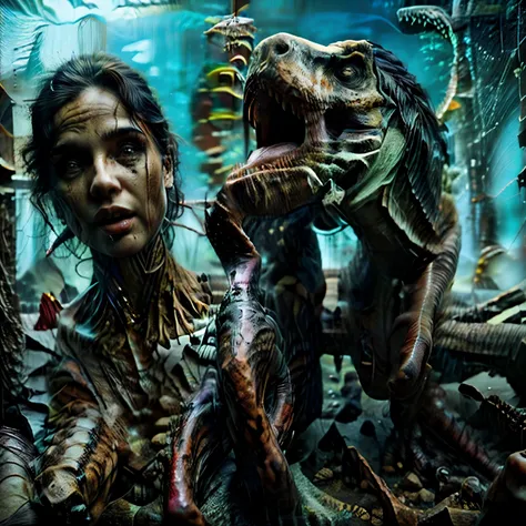 Man turning into a dinosaur, and a woman turning into a dinosaur and, two Tyrannosaurus Rexes that face one another kiss with their tongues, heavily pixeled, deranged, photo unrealistic, dino morph, pixel out of control art, horrible quality, only a dru...