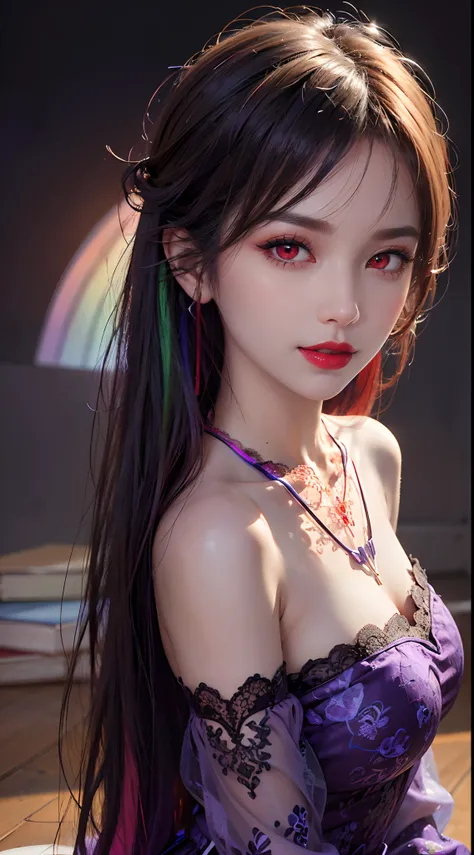 A beautiful and sexy 20-year-old girl , wearing an ultra-thin red dress , ((Long hair dyed in rainbow colors :1.6)), bangs, the finest jewels and beautiful hair, (( wears a purple lace necklace :1.6) )), super cute little face , very pretty face , ...