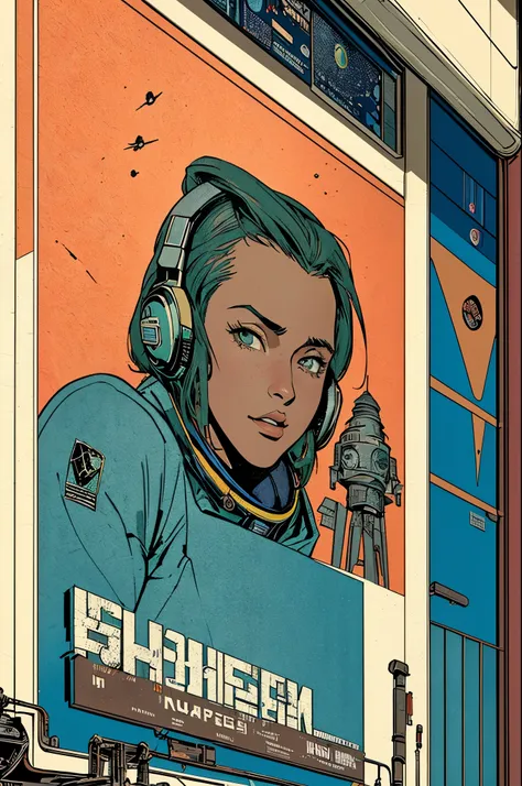 (((masterpiece,best quality))),32K Wallpaper,((( very detailed poster))),retro vintage,sci-fi,(((space thriller cinematic movie poster))),(((Bauhaus))),(((mid-century modern))),(((outer heaven))),(solo1girl :1.2)