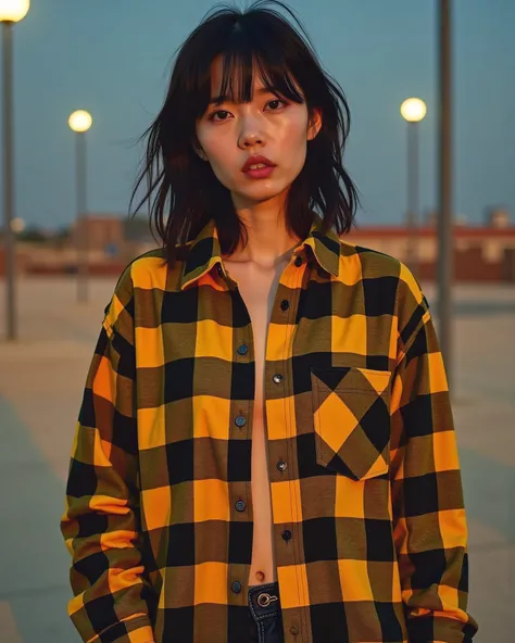 (((Full body view))), Cinematic photography of a tall skinny beautiful Korea sensual actress Bae Doona with only wearing a very very revealing halftone-pattern yellow and black oversized flannel shirt and thigh-high boots is posing sensually inside an empt...
