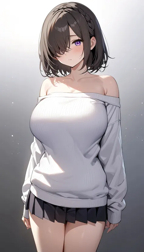 (masterpiece, Highest quality:1.2), (1girl), alone, ((medium hair)), ((dark brown hair)), (straight hair), ((hair over face)), (hair over one eye), (hair over right eye), (((white Sweater Low Shoulders))), (black pleated skirt), (purple eyes), (big breast)...