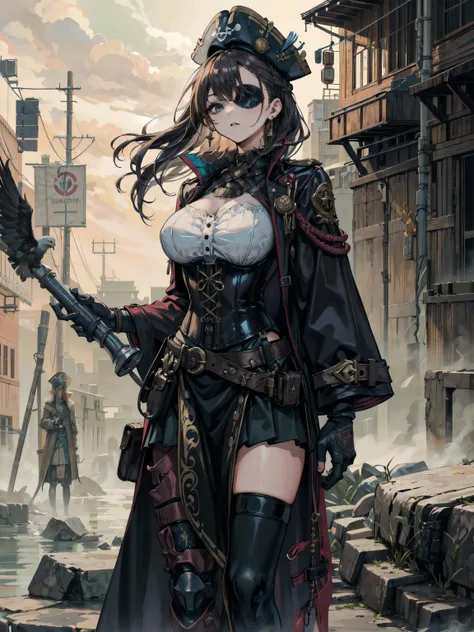 earring, large breasts, wavy hair, hair behind ear, short hair, updo, hair ornament, black hair, cowboy shot, outdoor, Practical pirate clothing, Long-sleeved pirate top, Skirt, pirate hat, coat, corset, black cape, Eagle, half eyepatch, (prosthetic limb, ...