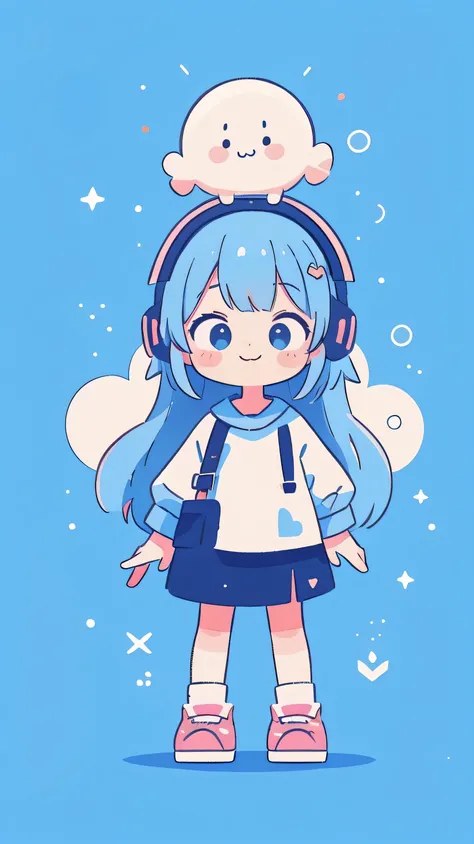 pop、bright、colorful,black female, Light blue hair,　big afro hair、Happy,cute, animation style, kawaii, clearly, colorful cyberpunk, bubblegum pop, cute、Pink and light blue as main colors, Headphonesをしている、Headphones、whole body, entire body, standing, simple ...