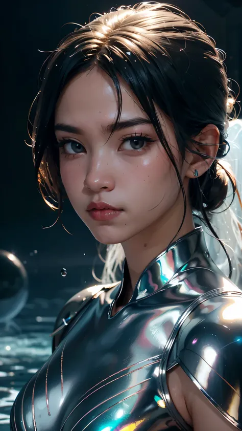 best quality, masterpiece, realistic, 1girl,  metallic dress, messy [updo|hanging] hair, (full body:0.6), solo, (full body:0.6), looking down, detailed background, detailed face, Sc3pt4, sci-fi theme:1.1), mercury-wizard, melancholic, surrounded by waves o...