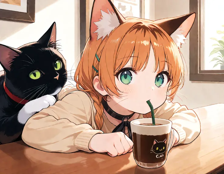 (masterpiece), (best quality), (ultra-detailed),
cat cafe, cat focus,drinking cat, no human