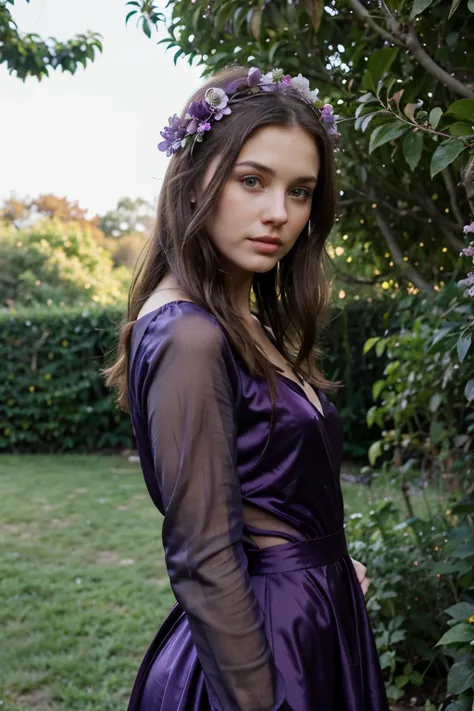 generate me a brunette model who is dressed in a purple dress in a garden with squarish bushes and trees behind her, she has a flower in her head