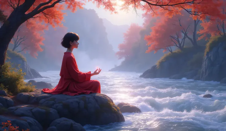 Very short-haired brunette tea woman with round face closed eyes in red clothes meditating shrouded in violet light on a large rock on the banks of a mighty river with green and orange trees. 