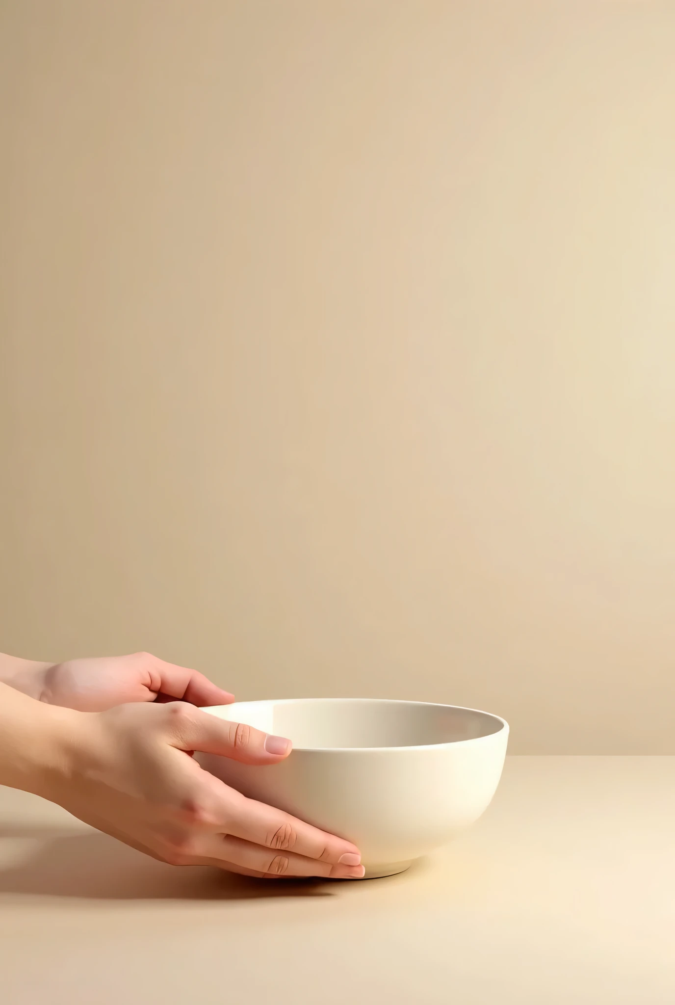 a simple light brown countertop seen from the front, Hands are holding a bowl as if placing it on the countertop 