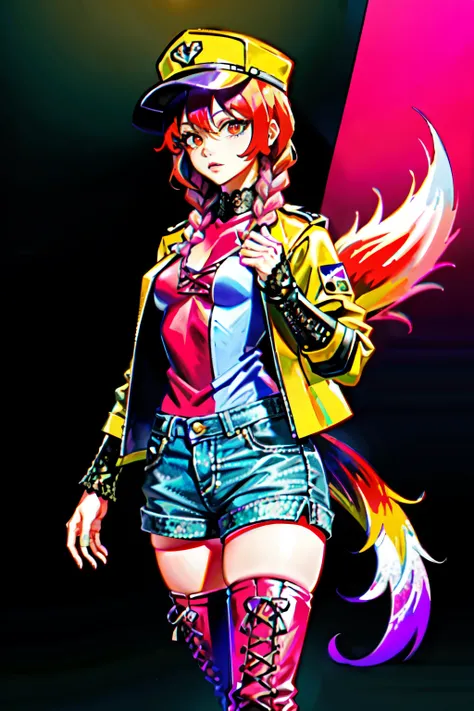 (best quality:2.0), (crisp:2.0), (highres:2.0), (((a rich yellow and pink gradient wolf tail:2.0))), anime, full body:2.0, (single image), (solo beautiful lady:2.0), (masterpiece:2.0), (detailed face:2.0), (detailed eyes:1.4), ((denim shorts:2.0)), ((thick...