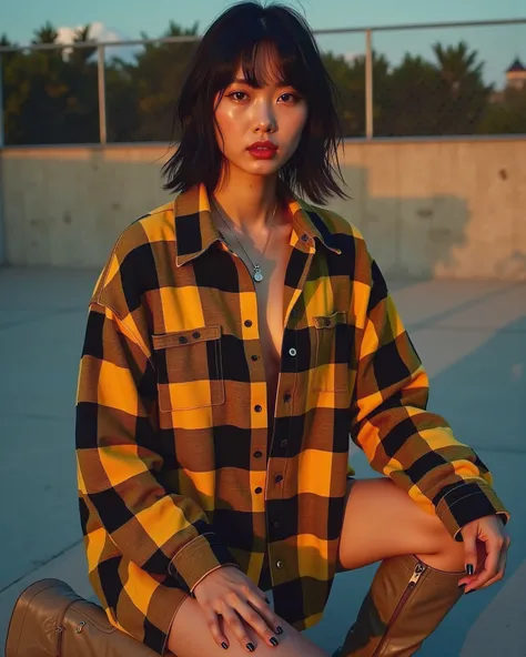 (((Full body view))), Cinematic photography of a tall skinny beautiful Korea sensual actress Bae Doona with only wearing a very very revealing halftone-pattern yellow and black oversized flannel shirt and thigh-high boots is kneeling sensually inside an em...