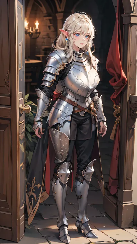 1girl, elf, (elf ear),(tall stature elf), full body, woman in her 20s, (((only 1person))), large breast, With a round face, Round jaws, Close-up of a woman in armor, Armor girl, female knight, full armor, full armor, gorgeous female paladin, female knight,...