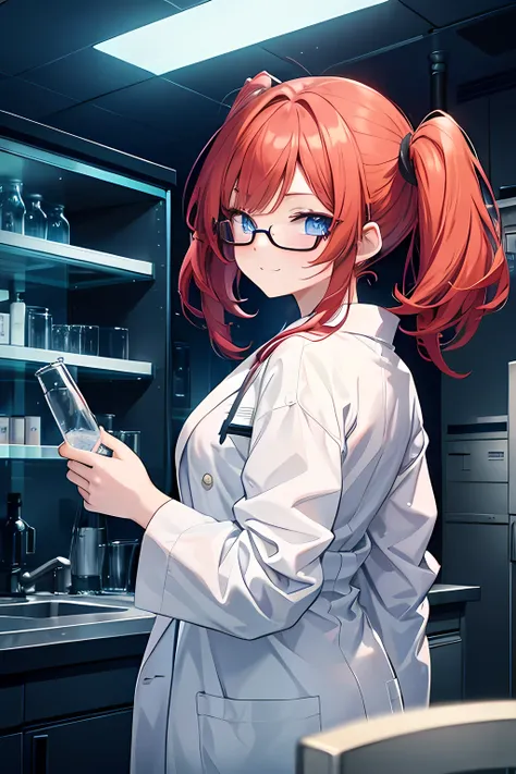  one girl、 redhead、 twin tail hair 、 Detailed Blue Eyes 、 sling、Glasses、lab coat,  grins、 look back、Dark Laboratory、A closed curtain、Test tube、flask、 anime style 、 top quality。