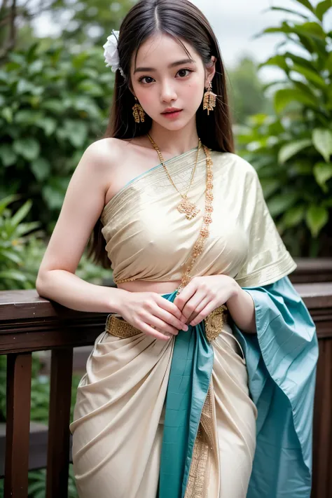 8K, ultra high detailed, an thai girl, cute face, happy, long hair, impressive hairstyle, detailed eyes, detailed lips, thai clothes, saree, green saree, lace, wearing jewellery, nature background, flowers, afternoon, shadow, clear weather, whole body capt...