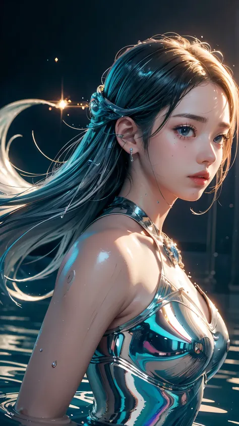 best quality, masterpiece, realistic, 1girl,  metallic dress, messy [updo|hanging] hair, (full body:0.6), solo, (full body:0.6), looking down, detailed background, detailed face, Sc3pt4, sci-fi theme:1.1), mercury-wizard, melancholic, surrounded by waves o...