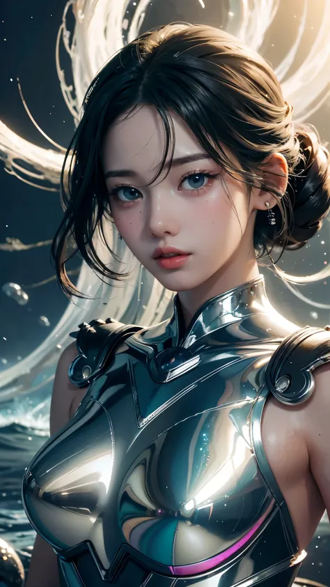 best quality, masterpiece, realistic, 1girl,  metallic dress, messy [updo|hanging] hair, (full body:0.6), solo, (full body:0.6), looking down, detailed background, detailed face, Sc3pt4, sci-fi theme:1.1), mercury-wizard, melancholic, surrounded by waves o...