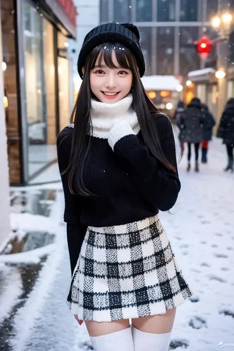  cute beautiful girl 、white knitted hat 、 black hair、 straight hair、 has bangs、smile、SkinnyBody、 white turtleneck knitted sweater、 tartan plaid tight mini skirt in a snowy city、 black knee high socks、 standing in a snowy city 